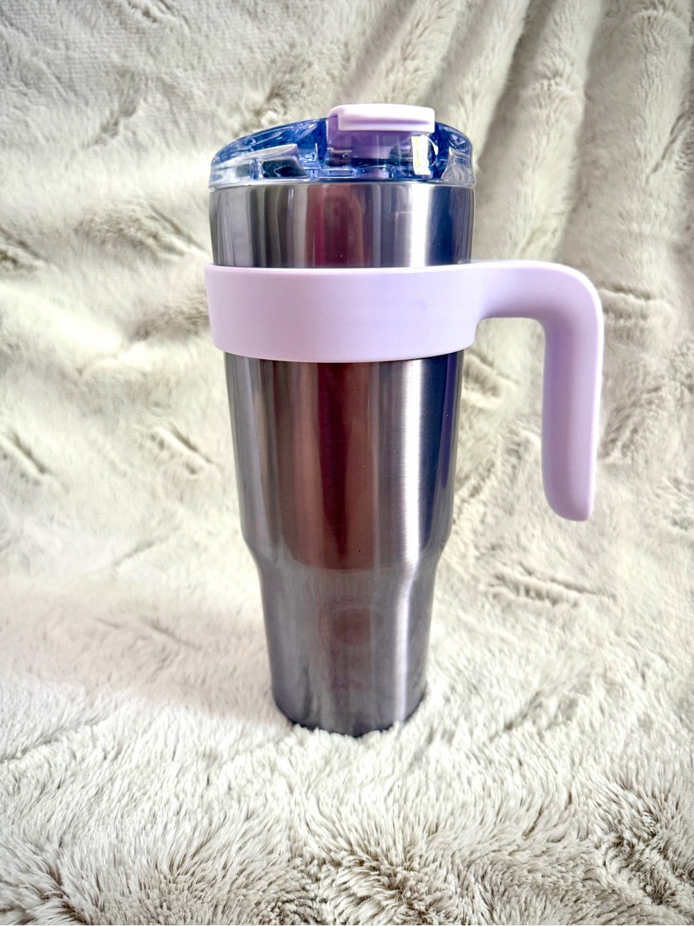 Primula Stainless Steel Travel Tumbler with Lilac Handle and Lid.